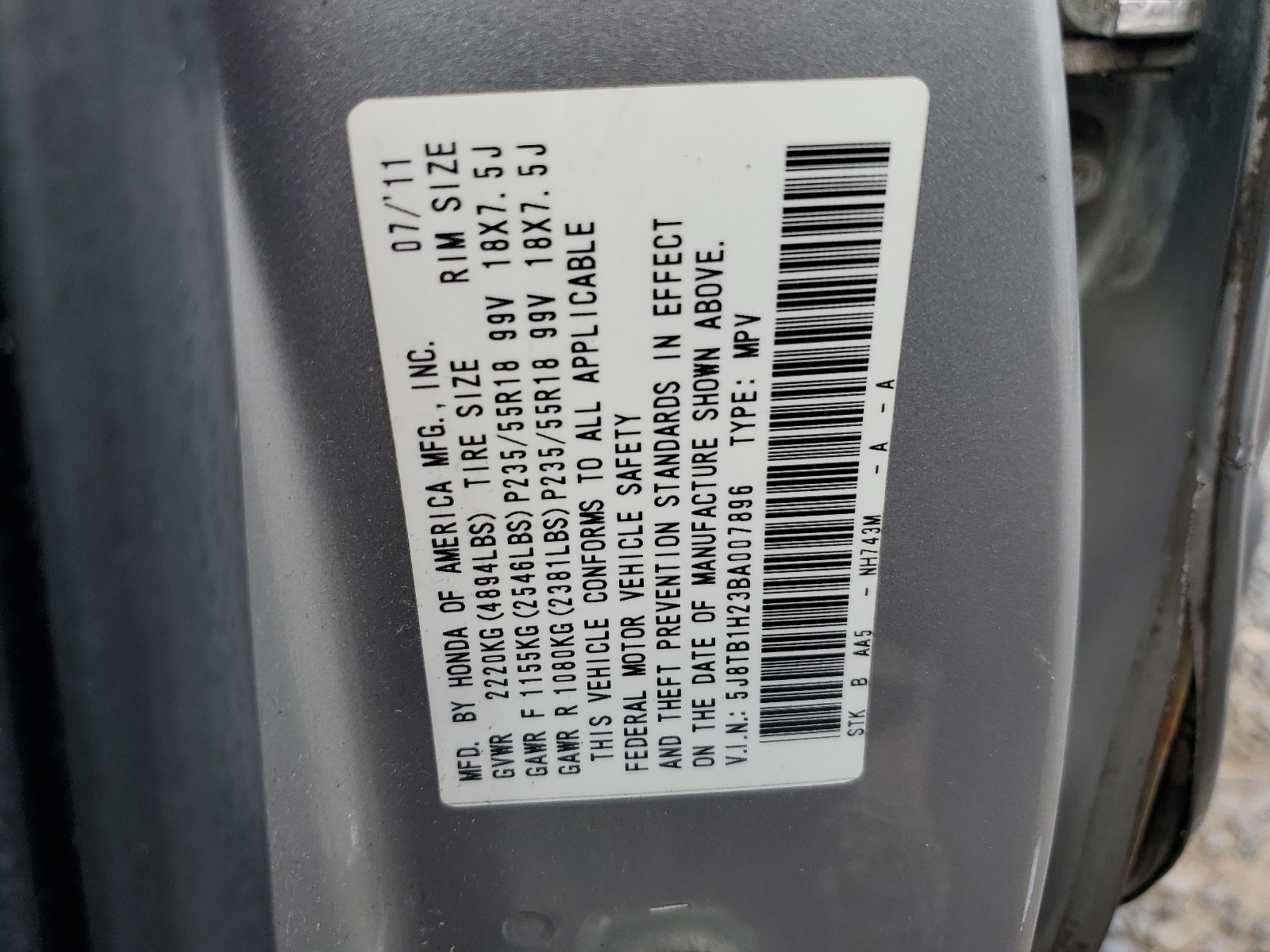 5J8TB1H23BA007896 2011 Acura Rdx