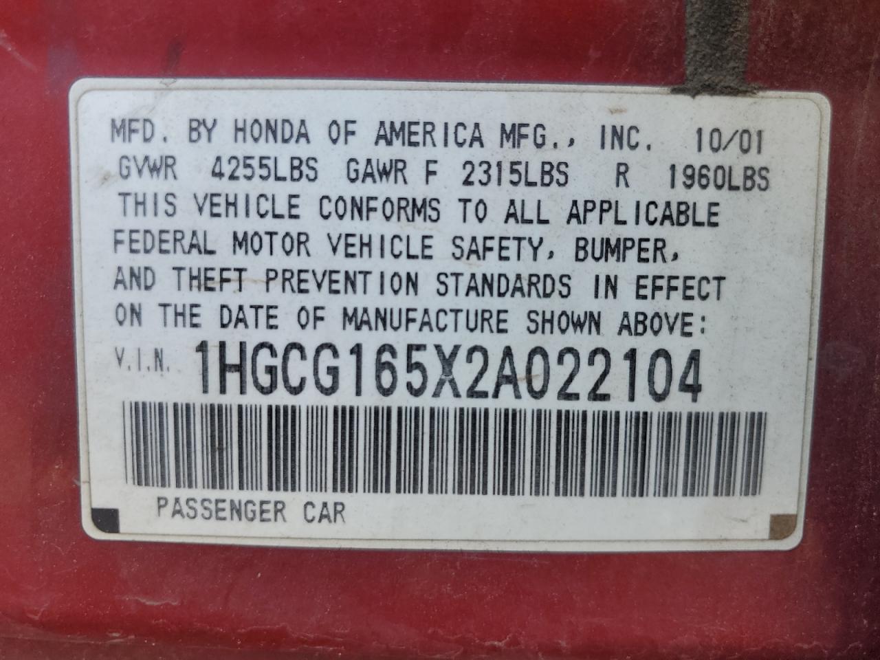 1HGCG165X2A022104 2002 Honda Accord Ex