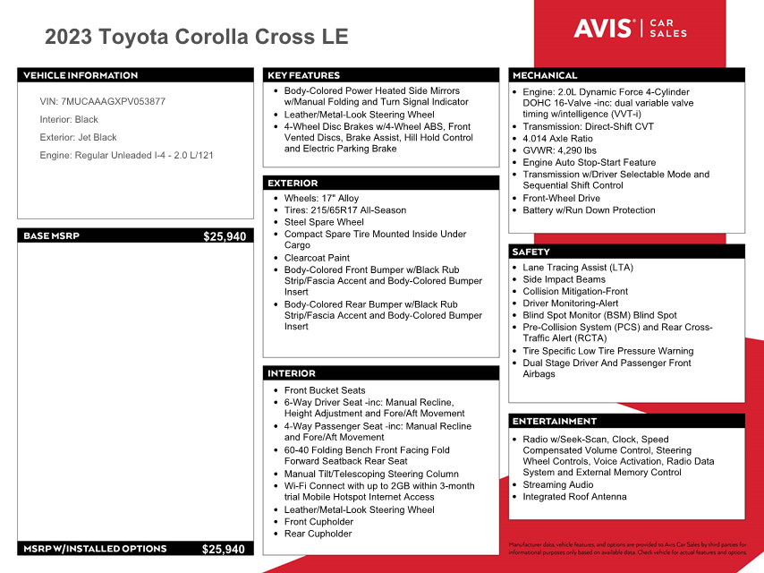 7MUCAAAGXPV053877 2023 Toyota Corolla Cross Le