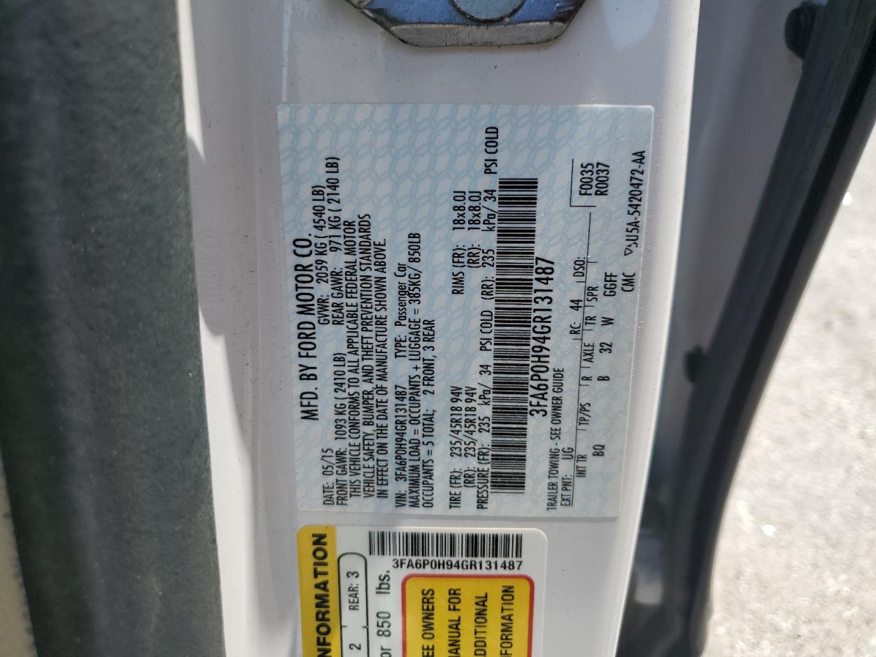 2016 Ford Fusion Se VIN: 3FA6P0H94GR131487 Lot: 62685344