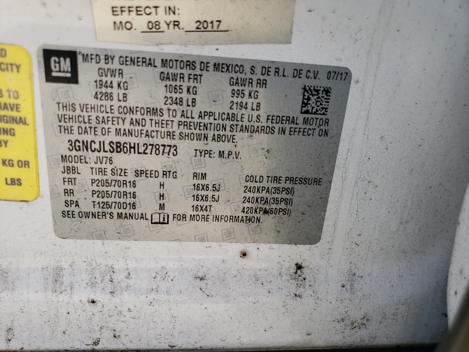 3GNCJLSB6HL278773 2017 Chevrolet Trax 1Lt