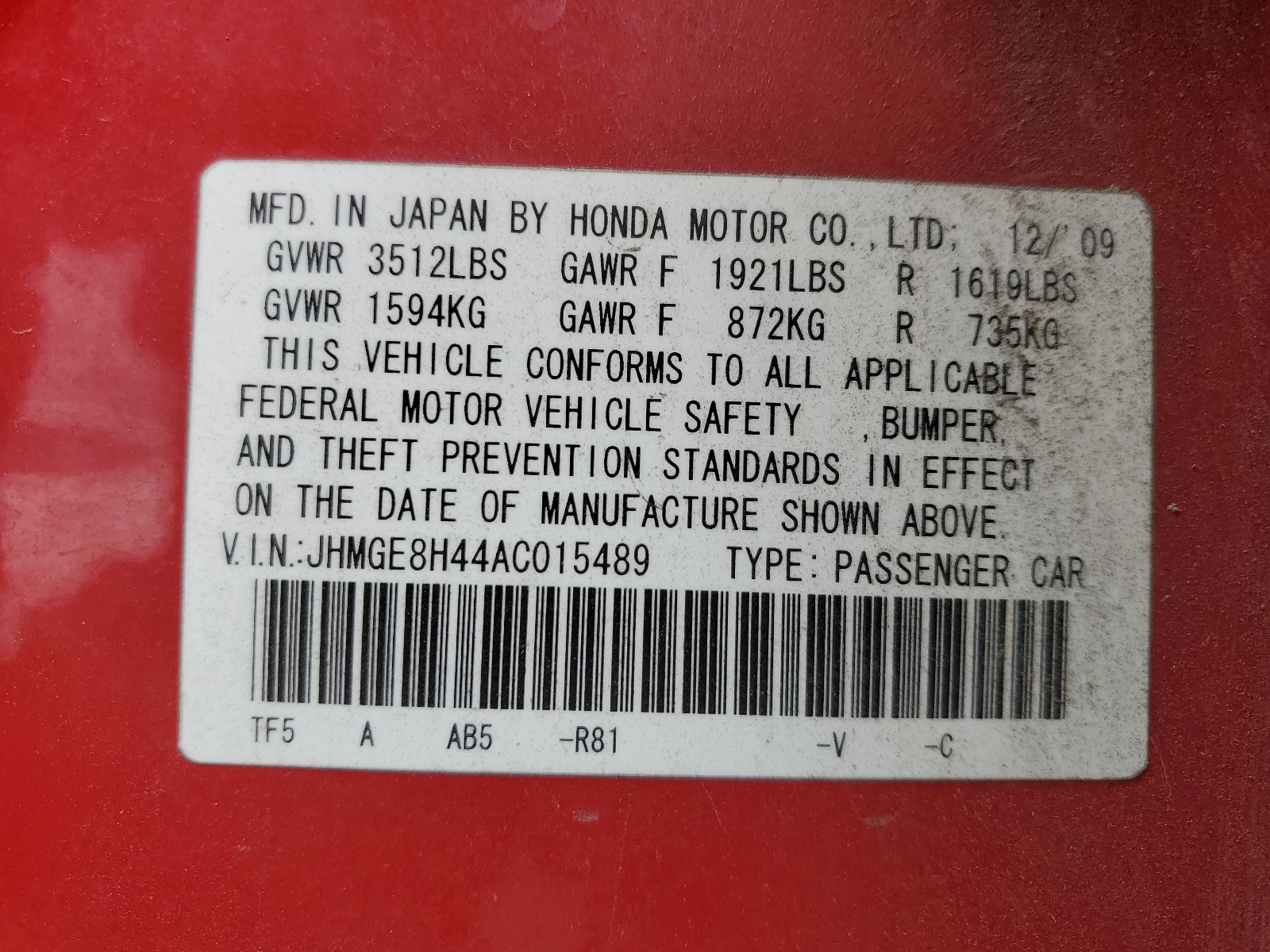 JHMGE8H44AC015489 2010 Honda Fit Sport