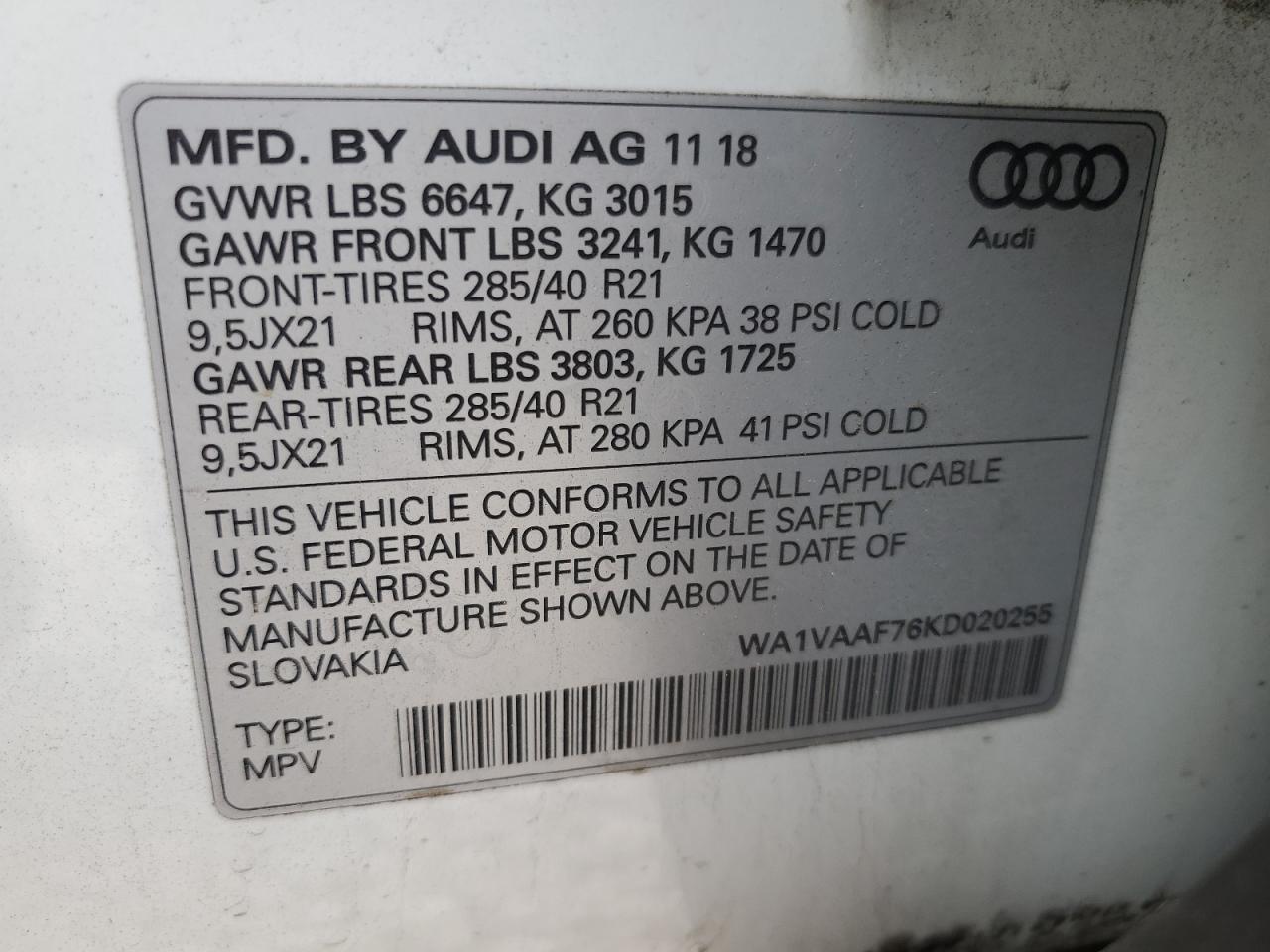 2019 Audi Q7 Prestige VIN: WA1VAAF76KD020255 Lot: 64805904