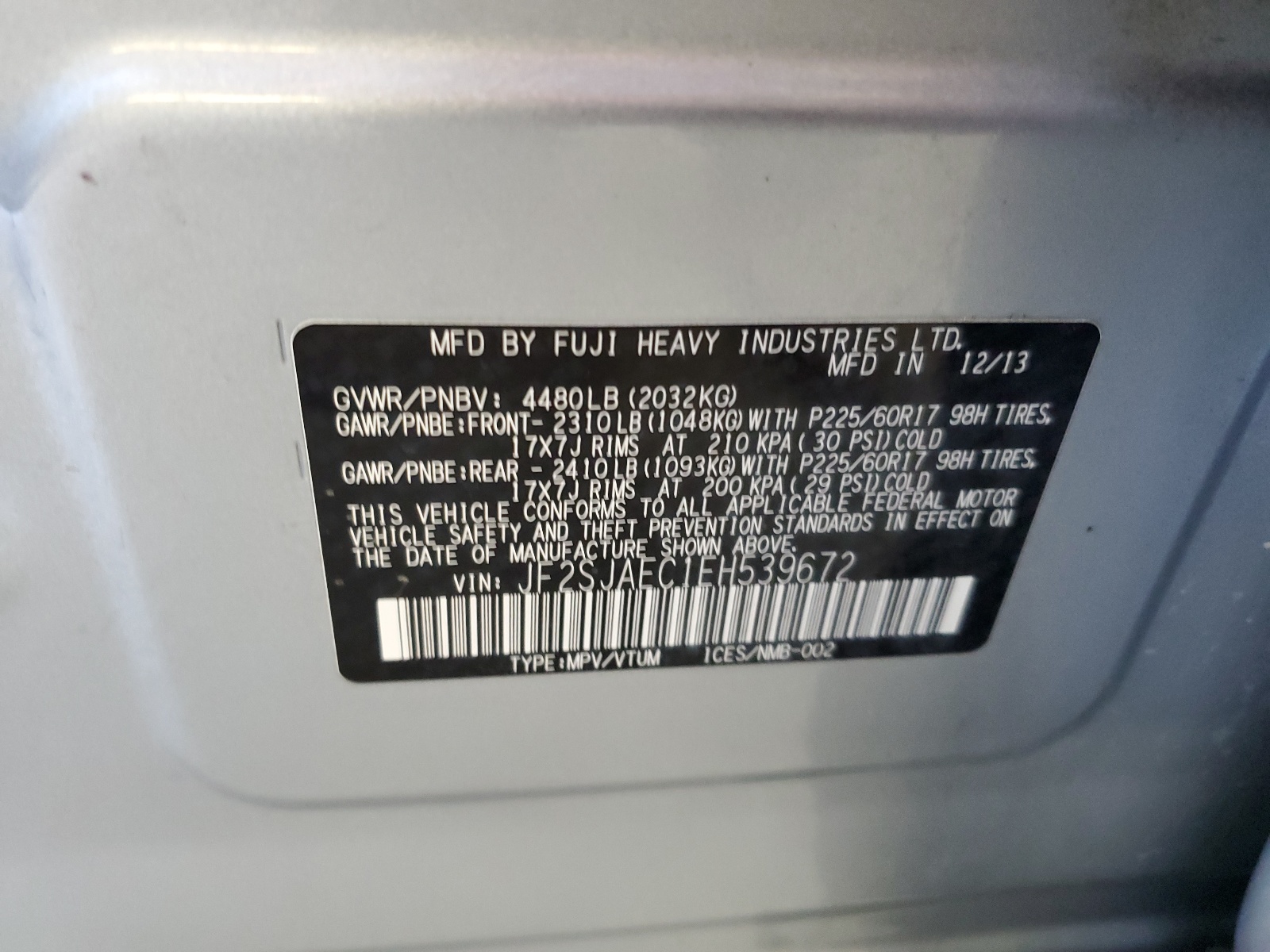 JF2SJAEC1EH539672 2014 Subaru Forester 2.5I Premium