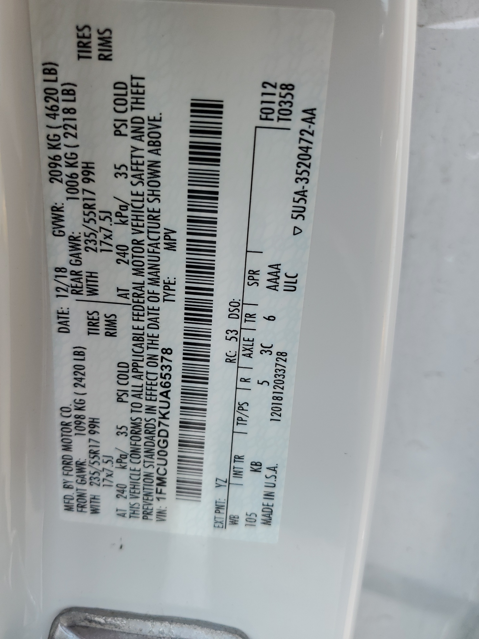 1FMCU0GD7KUA65378 2019 Ford Escape Se