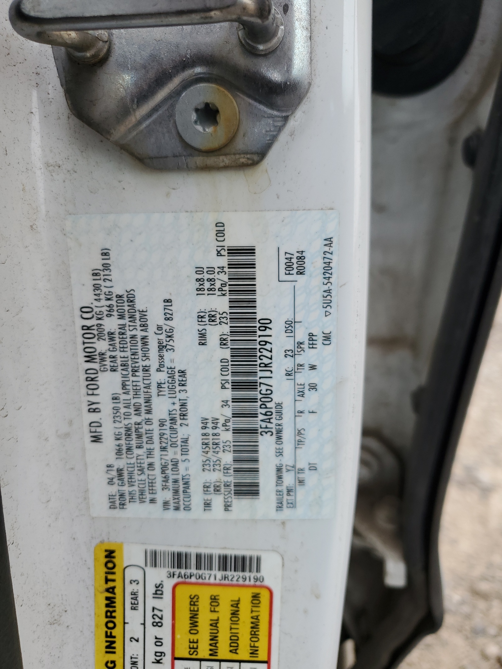 3FA6P0G71JR229190 2018 Ford Fusion S