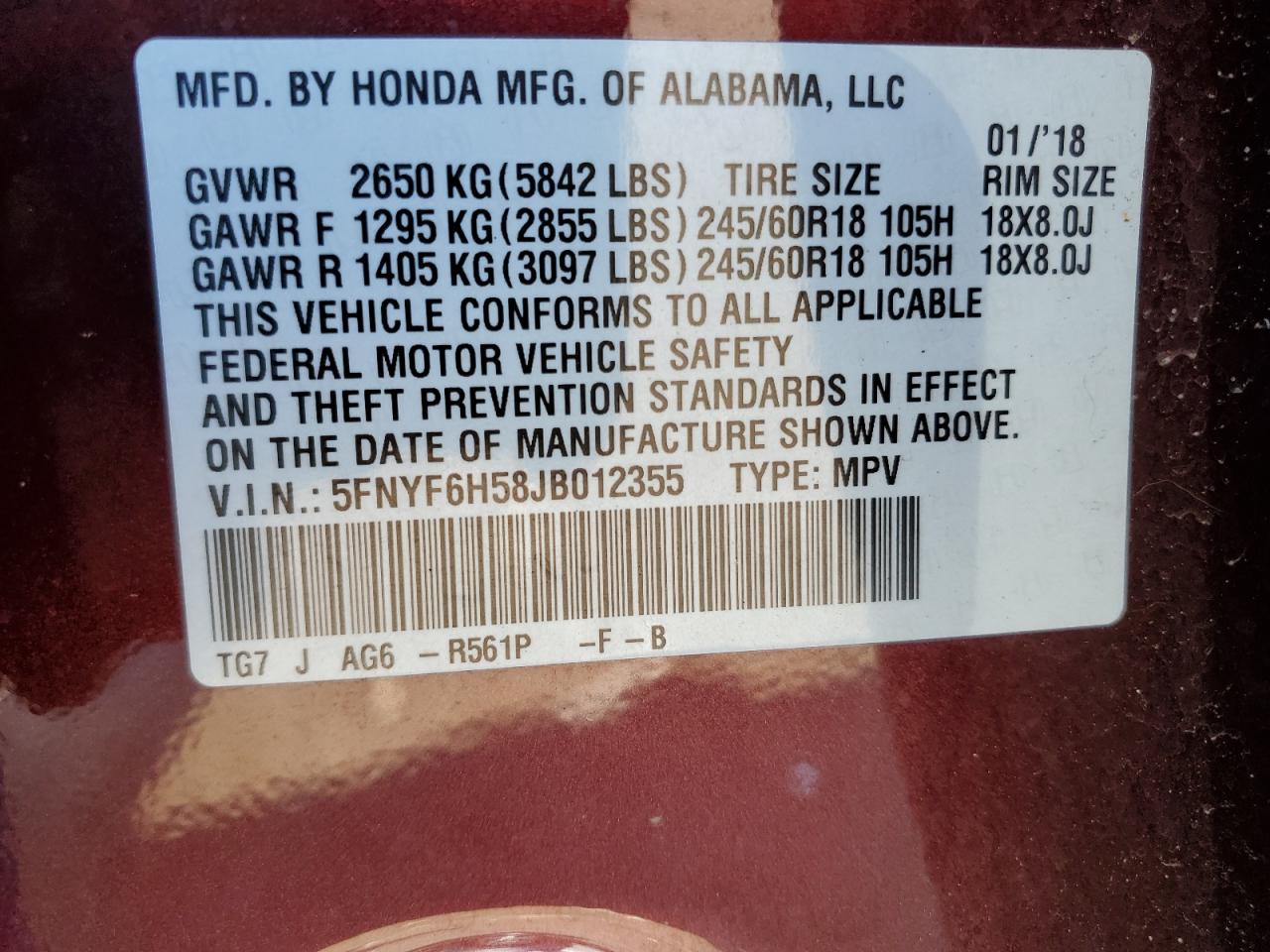 2018 Honda Pilot Exl VIN: 5FNYF6H58JB012355 Lot: 60894674