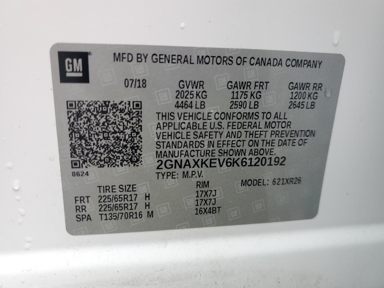 2019 Chevrolet Equinox Lt VIN: 2GNAXKEV6K6120192 Lot: 63873014