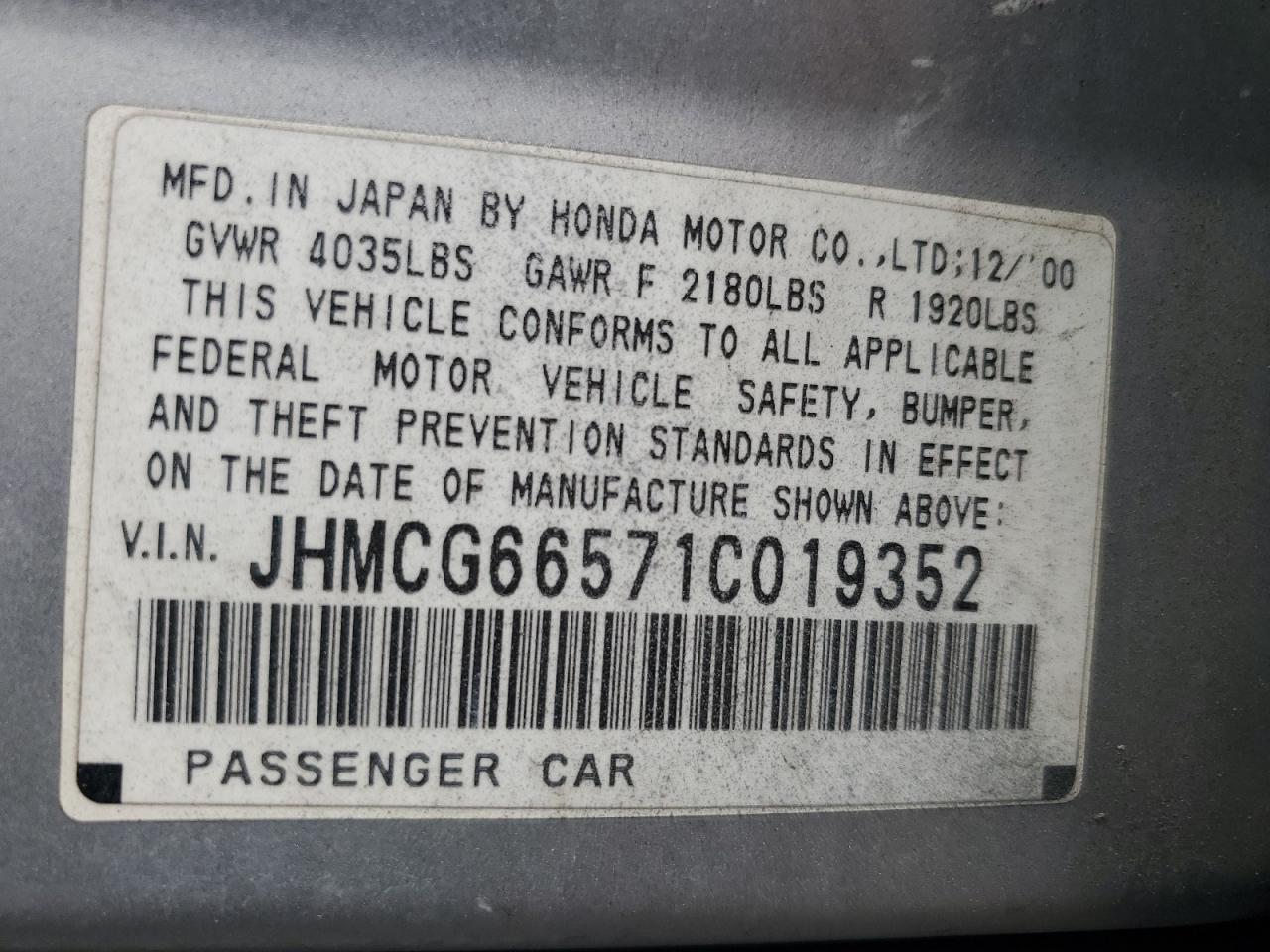 2001 Honda Accord Lx VIN: JHMCG66571C019352 Lot: 63130774