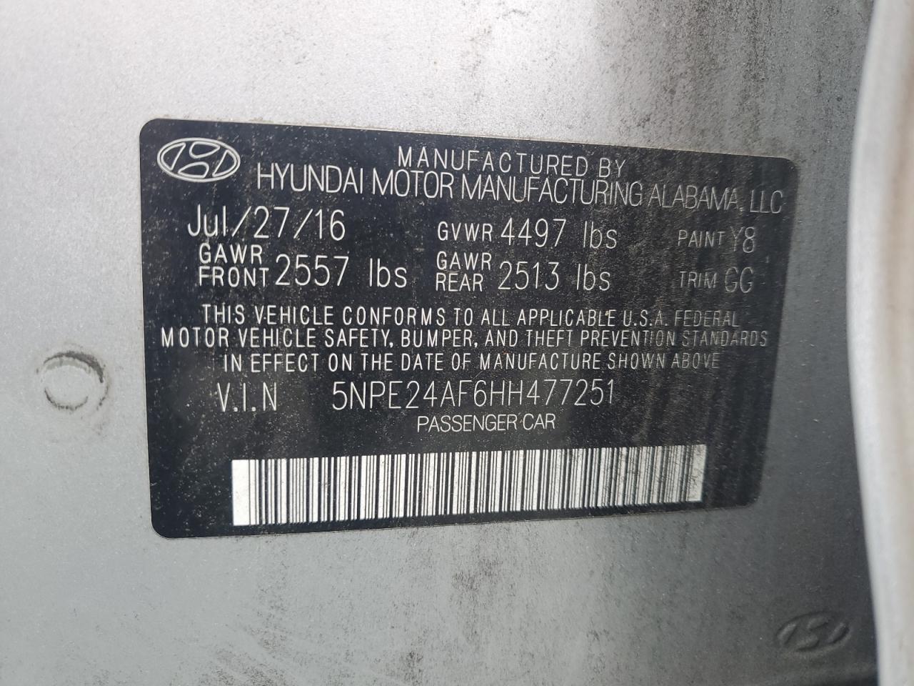 2017 Hyundai Sonata Se VIN: 5NPE24AF6HH477251 Lot: 65174544