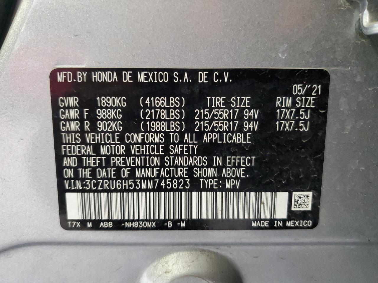 2021 Honda Hr-V Ex VIN: 3CZRU6H53MM745823 Lot: 63542634