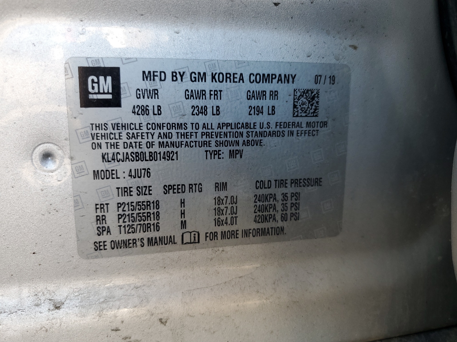 KL4CJASB0LB014921 2020 Buick Encore Preferred