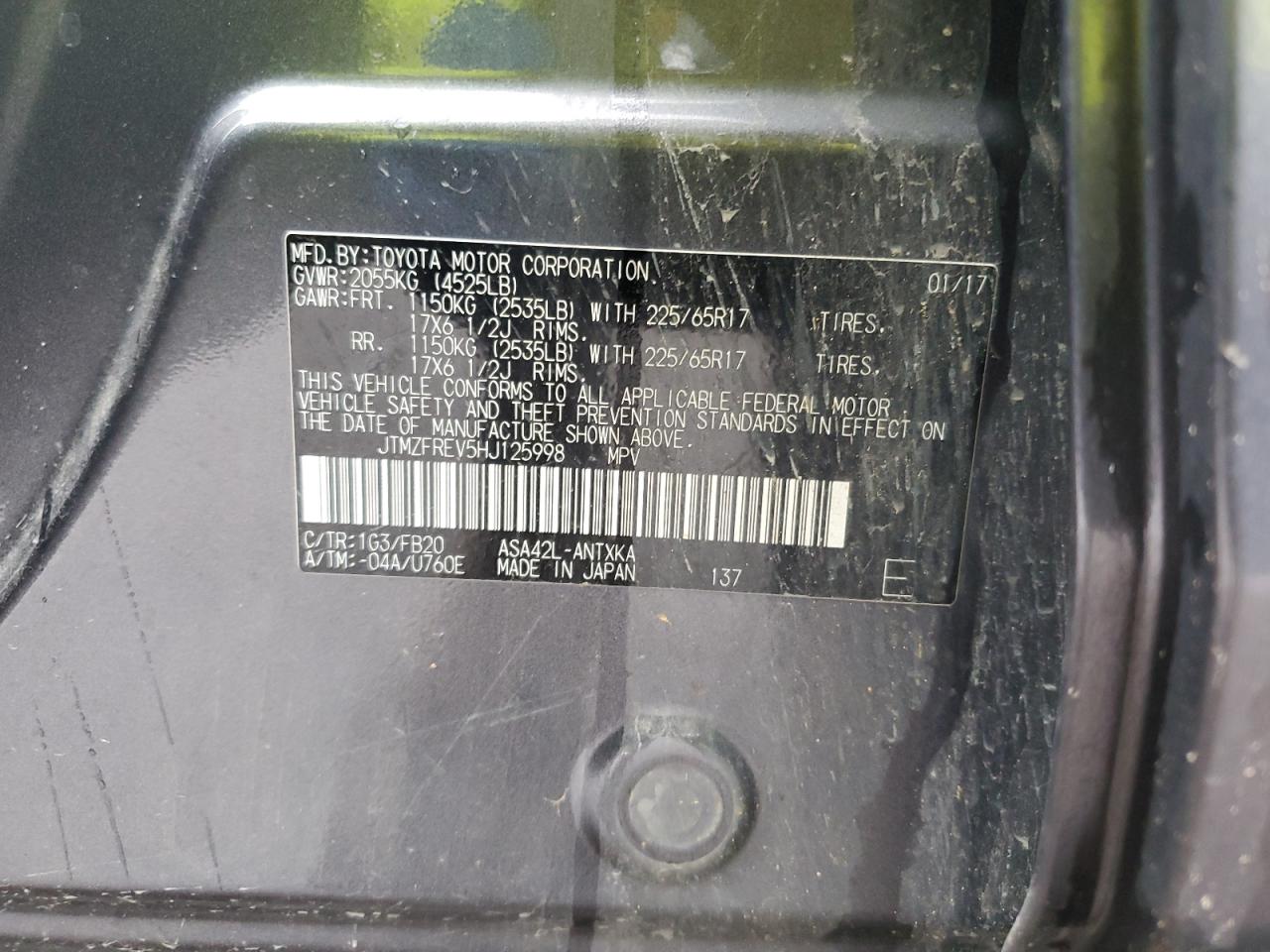 2017 Toyota Rav4 Le VIN: JTMZFREV5HJ125998 Lot: 61454314