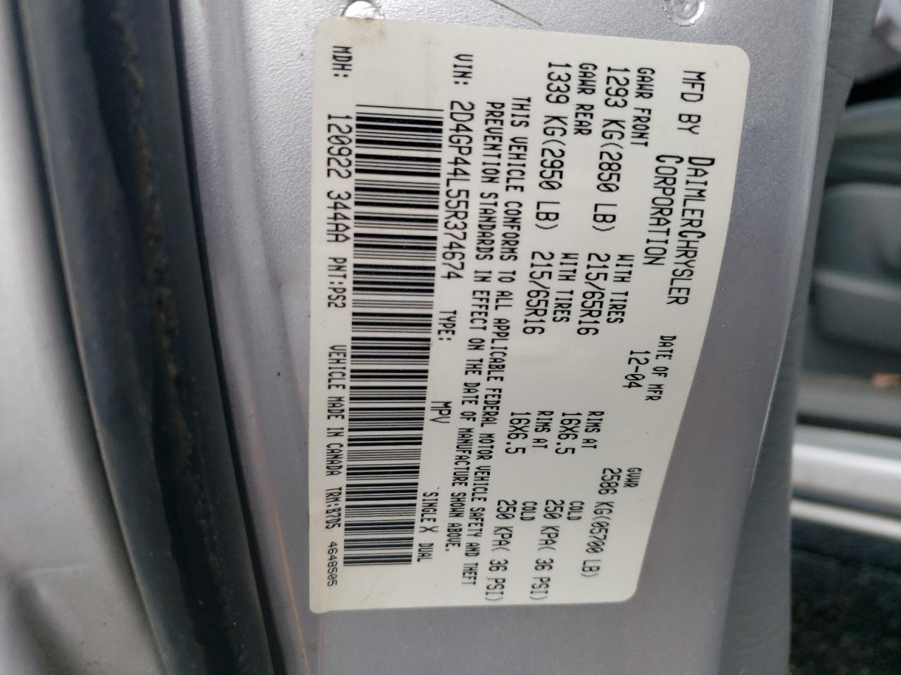 2005 Dodge Grand Caravan Sxt VIN: 2D4GP44L55R374674 Lot: 63900034