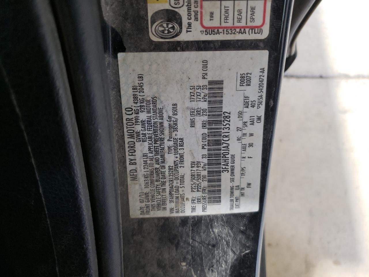 2012 Ford Fusion Sel VIN: 3FAHP0JA7CR135282 Lot: 61808464