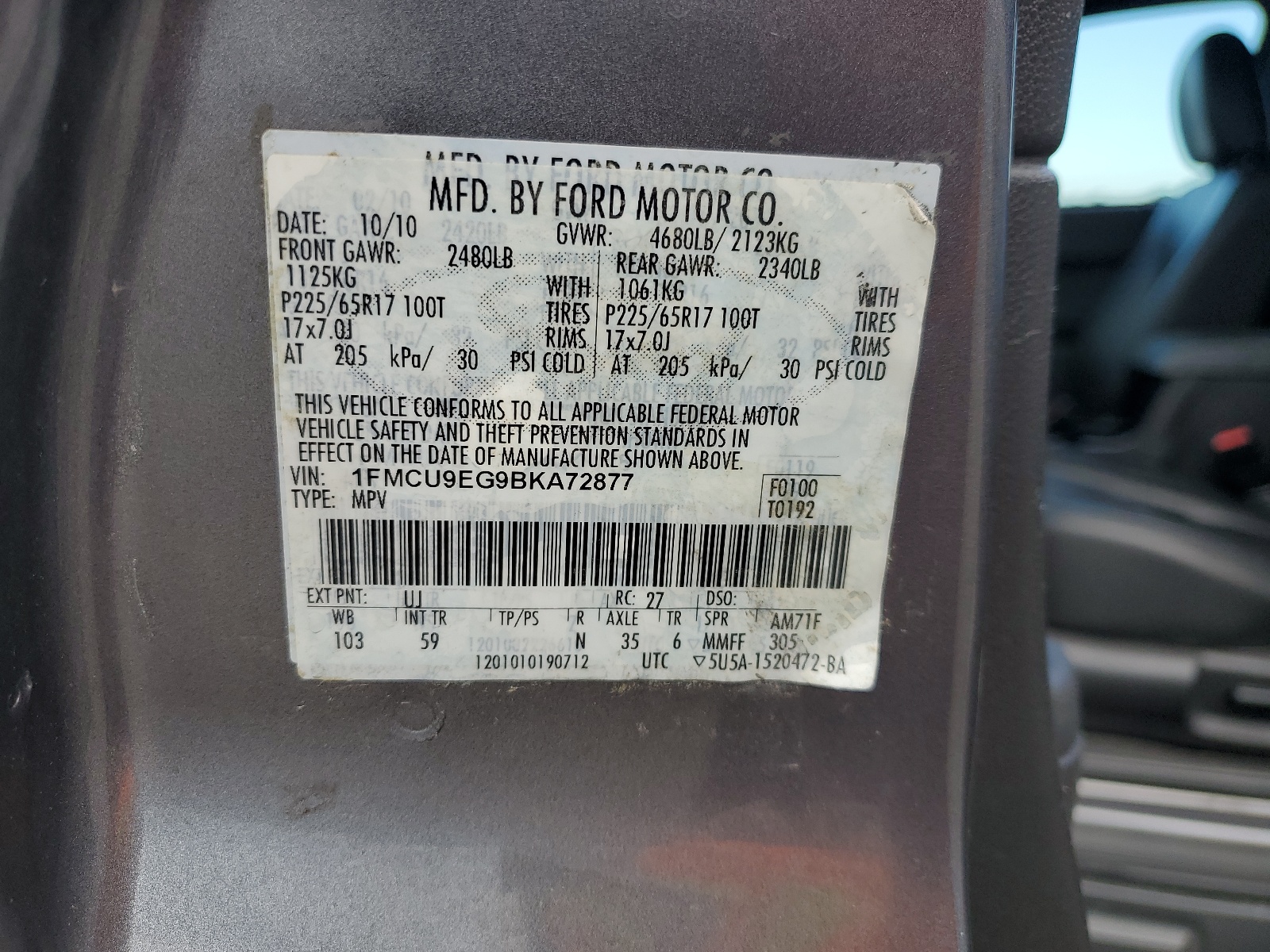 1FMCU9EG9BKA72877 2011 Ford Escape Limited