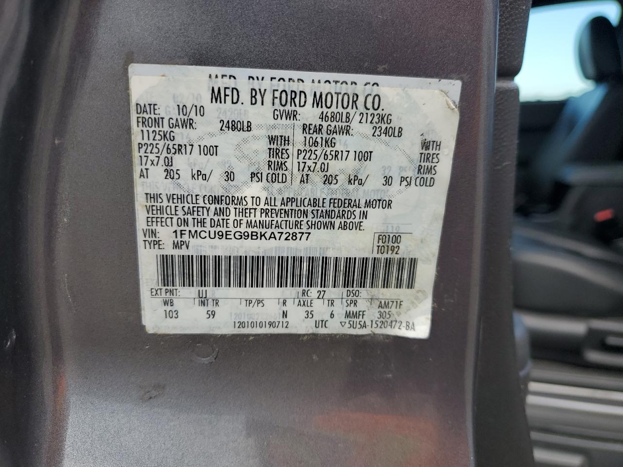 2011 Ford Escape Limited VIN: 1FMCU9EG9BKA72877 Lot: 62429864
