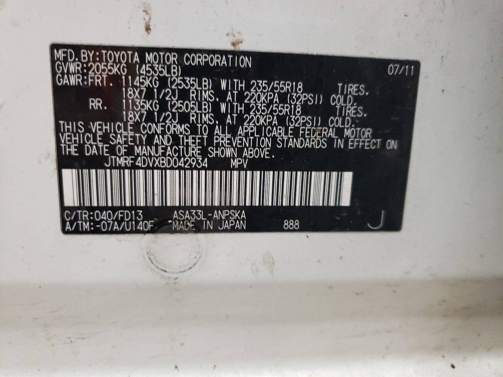 JTMRF4DVXBD042934 2011 Toyota Rav4 Sport