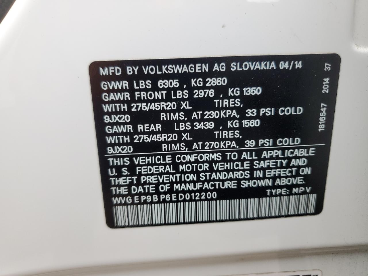 2014 Volkswagen Touareg V6 Tdi VIN: WVGEP9BP6ED012200 Lot: 63583784