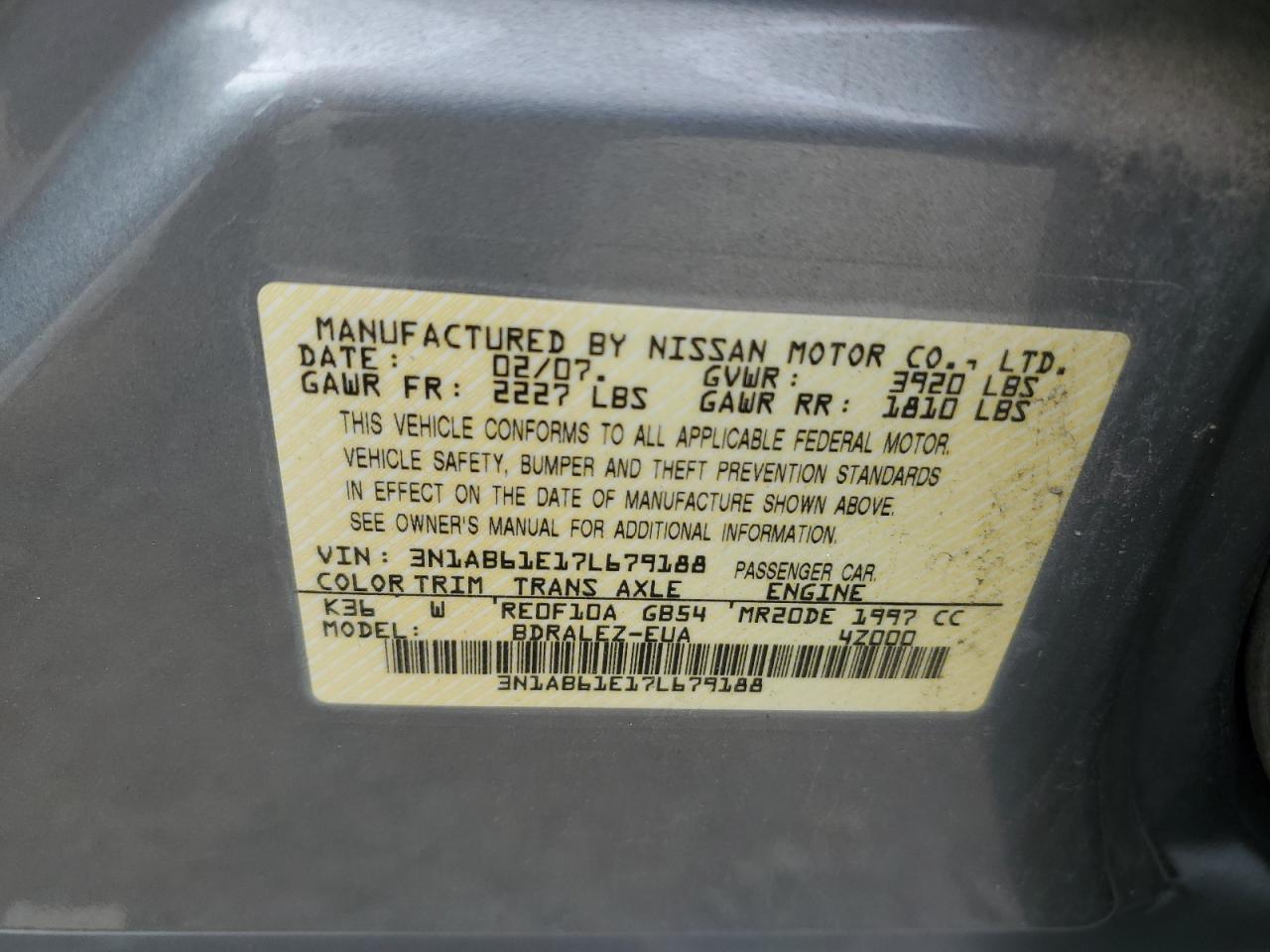 2007 Nissan Sentra 2.0 VIN: 3N1AB61E17L679188 Lot: 62844644