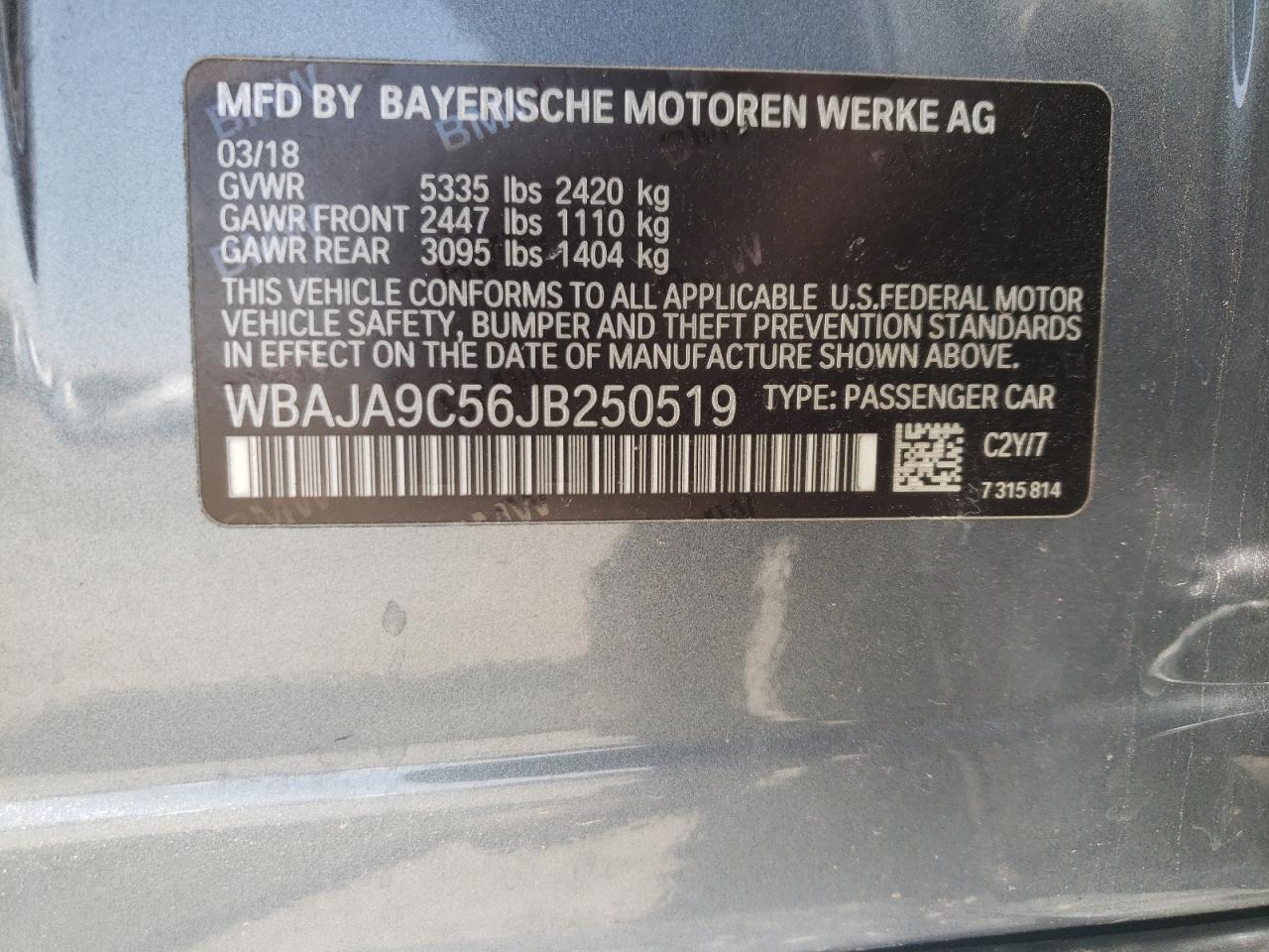 2018 BMW 530E VIN: WBAJA9C56JB250519 Lot: 62961994