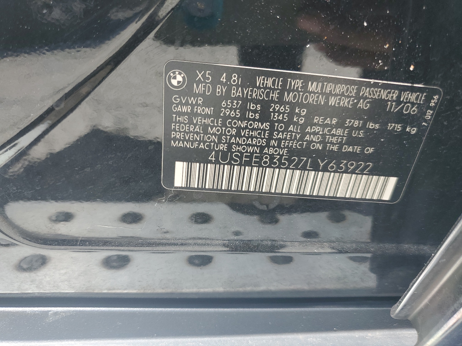 4USFE83527LY63922 2007 BMW X5 4.8I