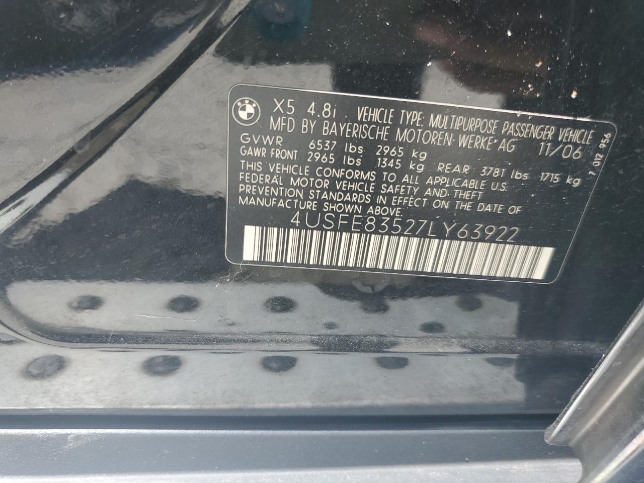 2007 BMW X5 4.8I VIN: 4USFE83527LY63922 Lot: 62357534