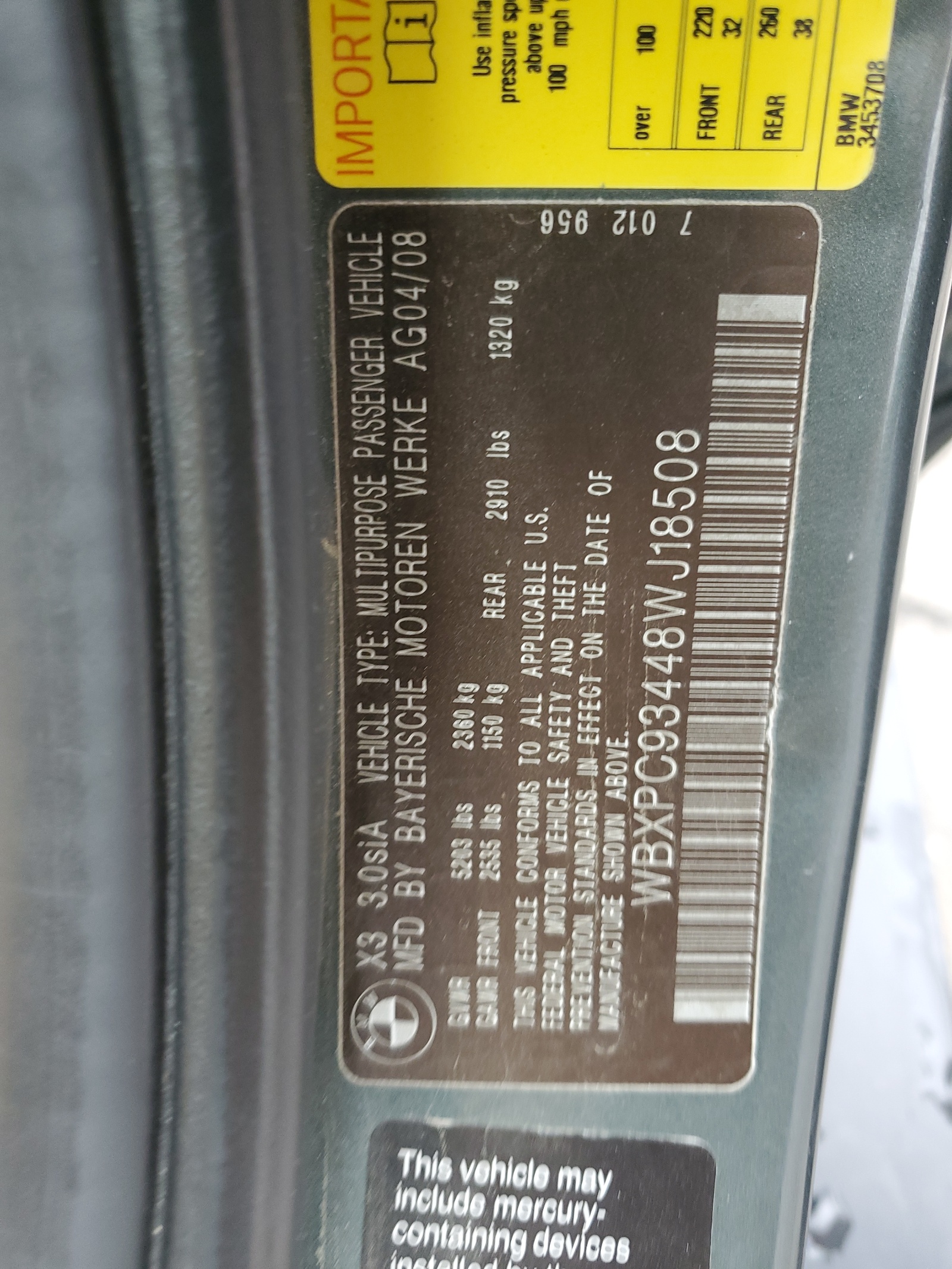 WBXPC93448WJ18508 2008 BMW X3 3.0Si