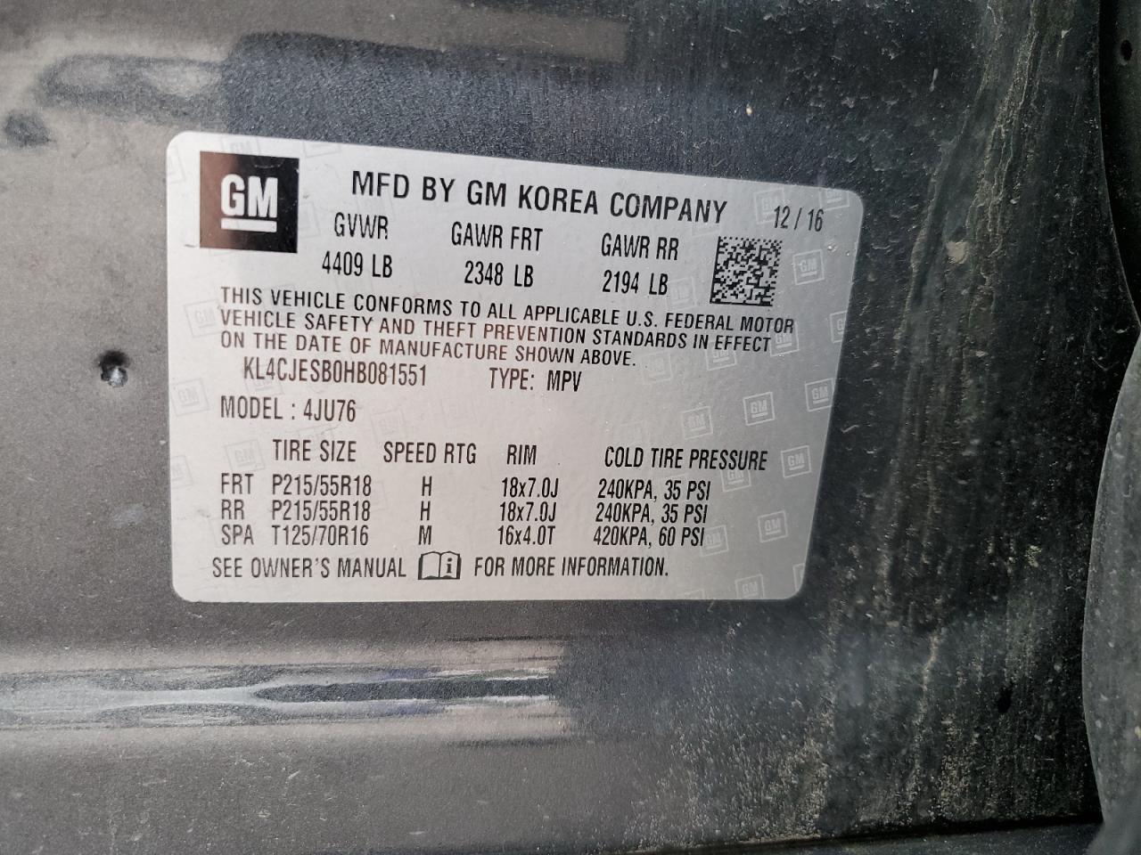 2017 Buick Encore Preferred VIN: KL4CJESB0HB081551 Lot: 63208164