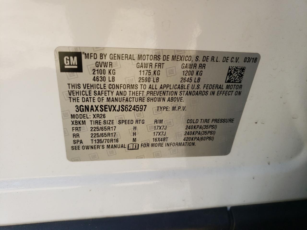 2018 Chevrolet Equinox Lt VIN: 3GNAXSEVXJS624597 Lot: 63904274