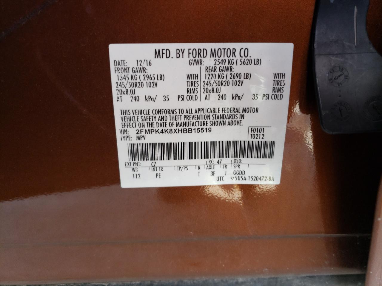 2017 Ford Edge Titanium VIN: 2FMPK4K8XHBB15519 Lot: 60120674