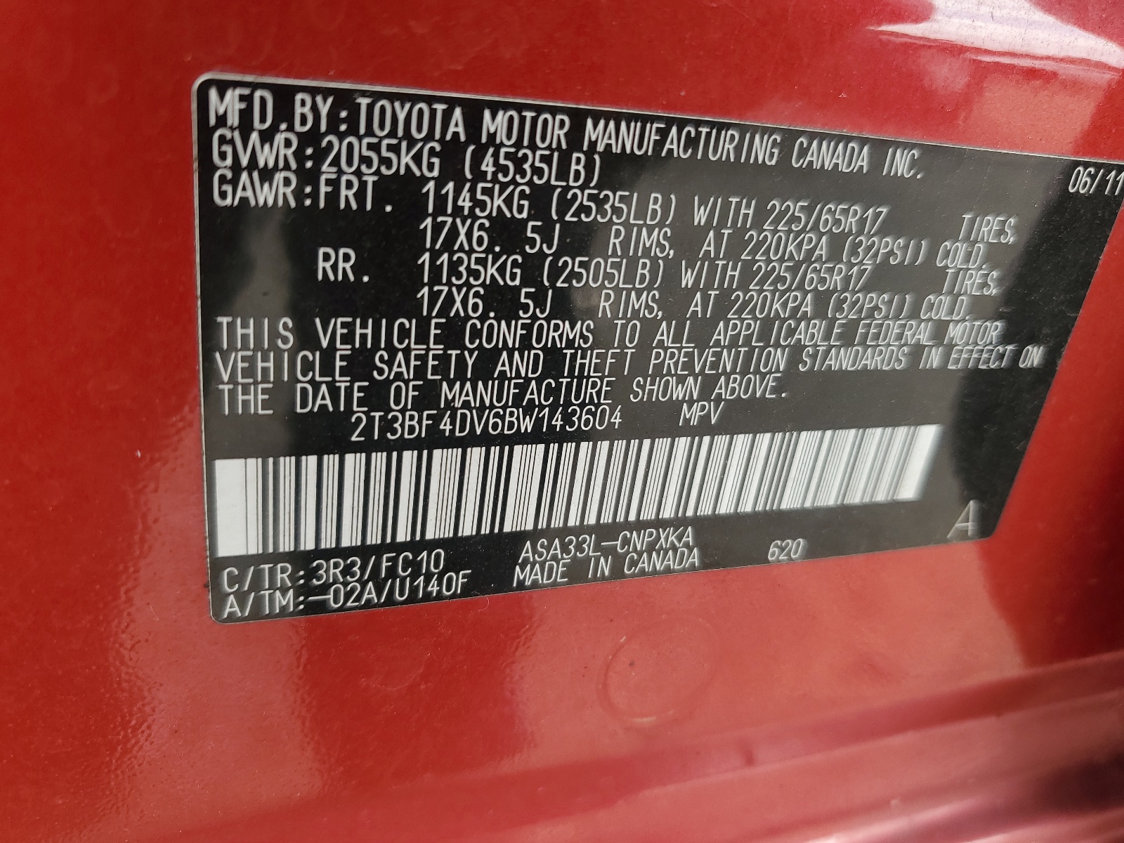 2T3BF4DV6BW143604 2011 Toyota Rav4