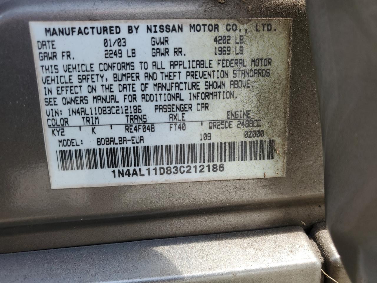 2003 Nissan Altima Base VIN: 1N4AL11D83C212186 Lot: 64140314