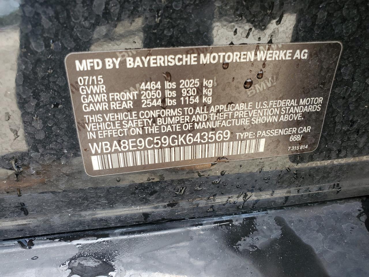 2016 BMW 328 I Sulev VIN: WBA8E9C59GK643569 Lot: 61928584