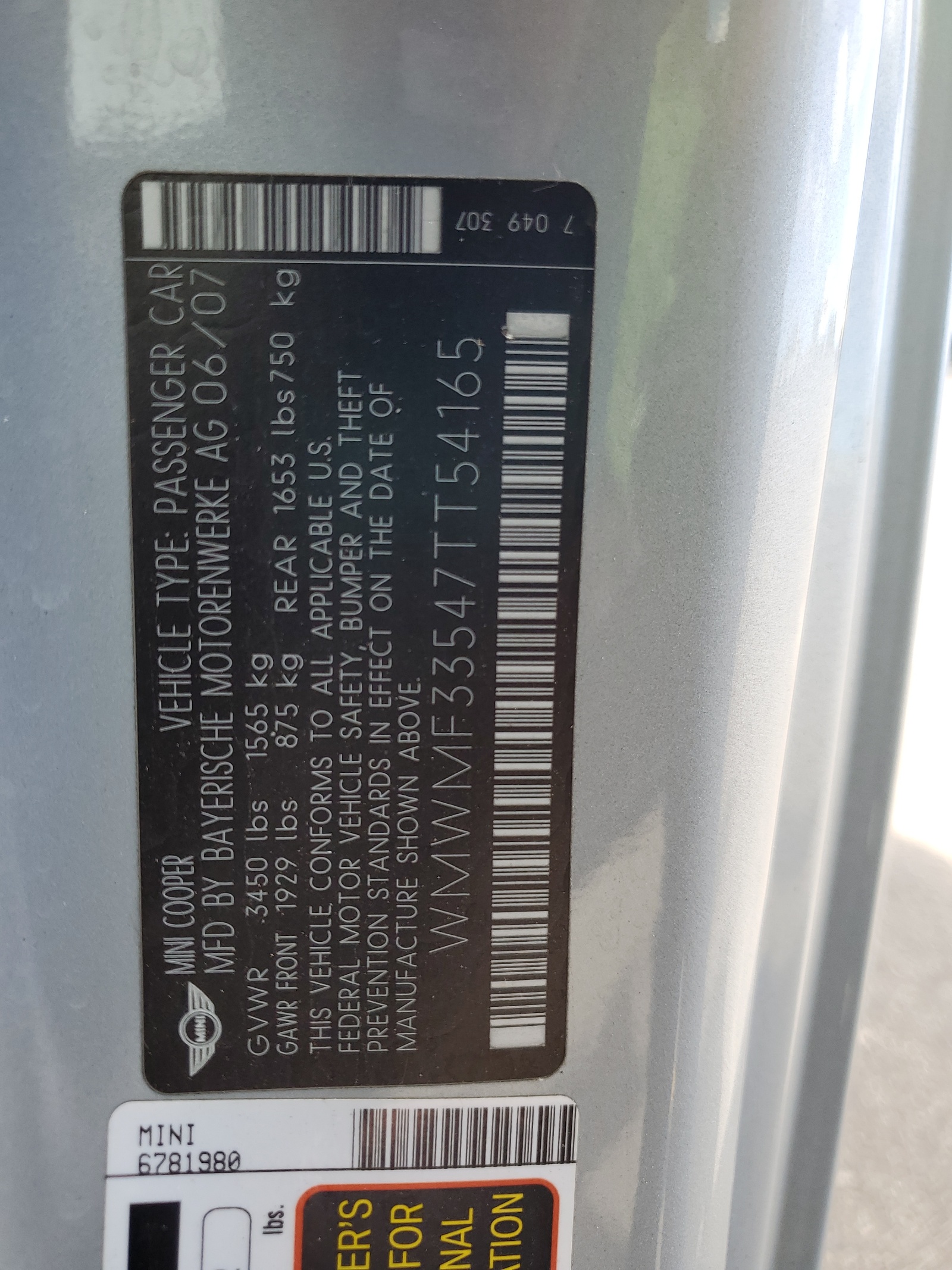WMWMF33547TT54165 2007 Mini Cooper