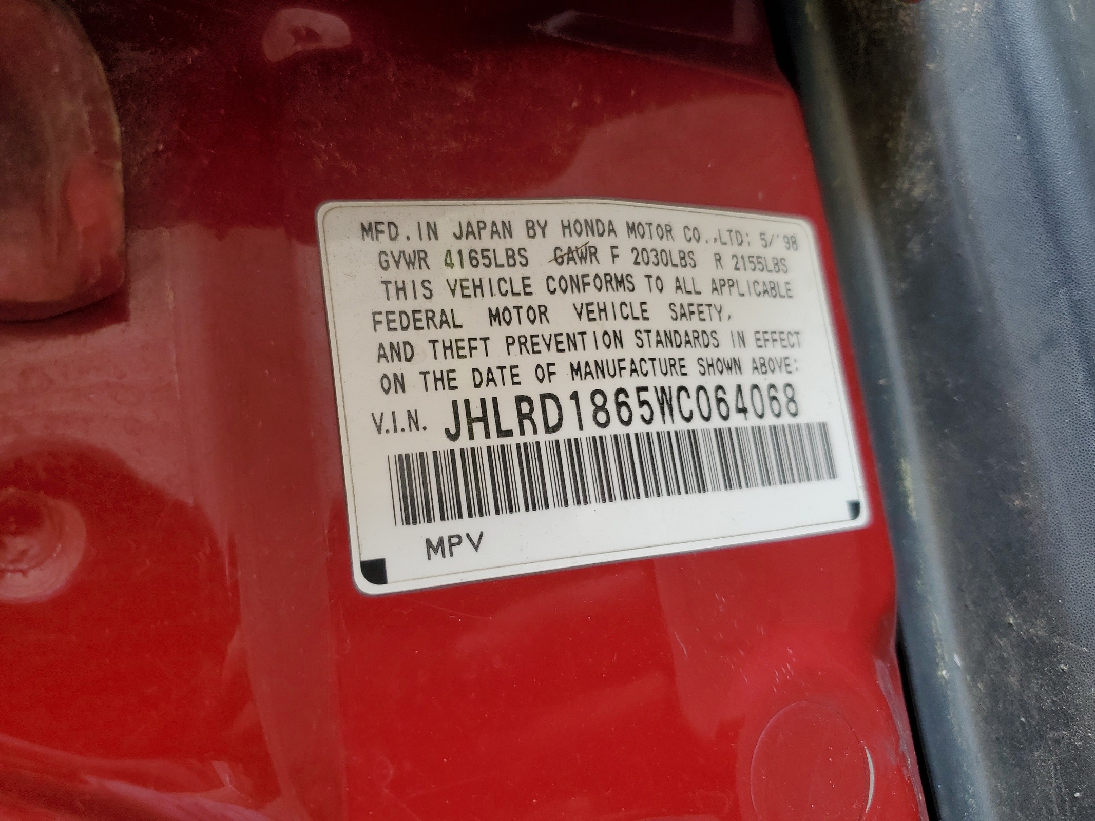 JHLRD1865WC064068 1998 Honda Cr-V Ex