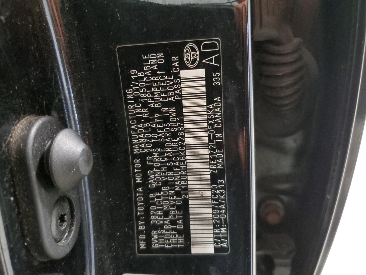 2019 Toyota Corolla L VIN: 2T1BURHE6KC228871 Lot: 61453804