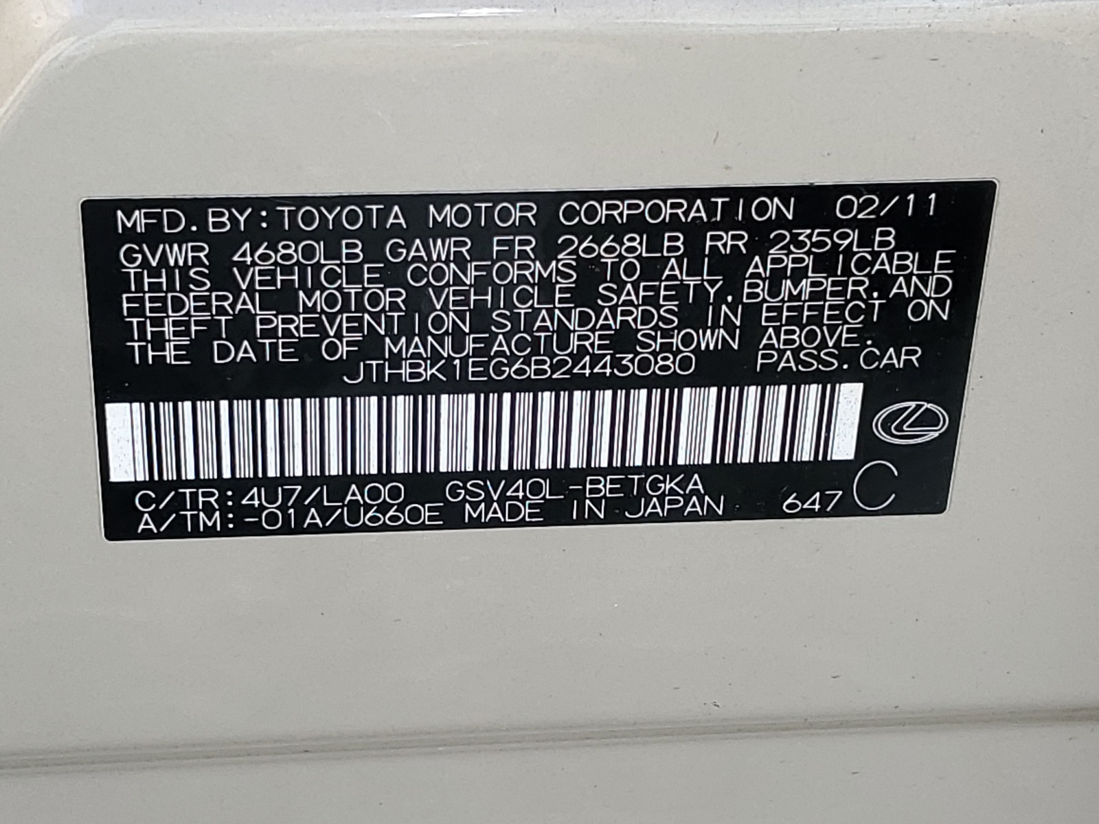 JTHBK1EG6B2443080 2011 Lexus Es 350