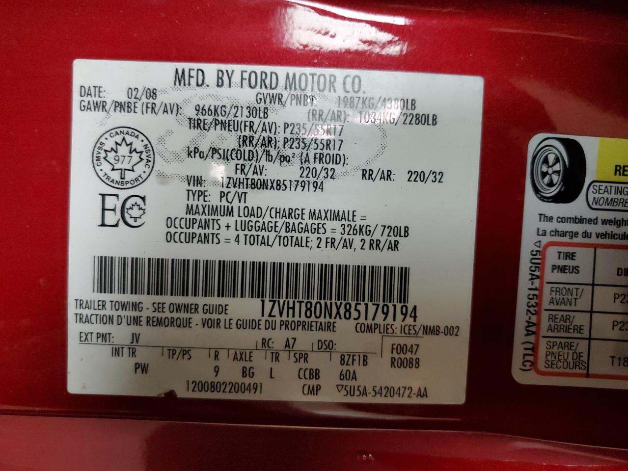 2008 Ford Mustang VIN: 1ZVHT80NX85179194 Lot: 63598314