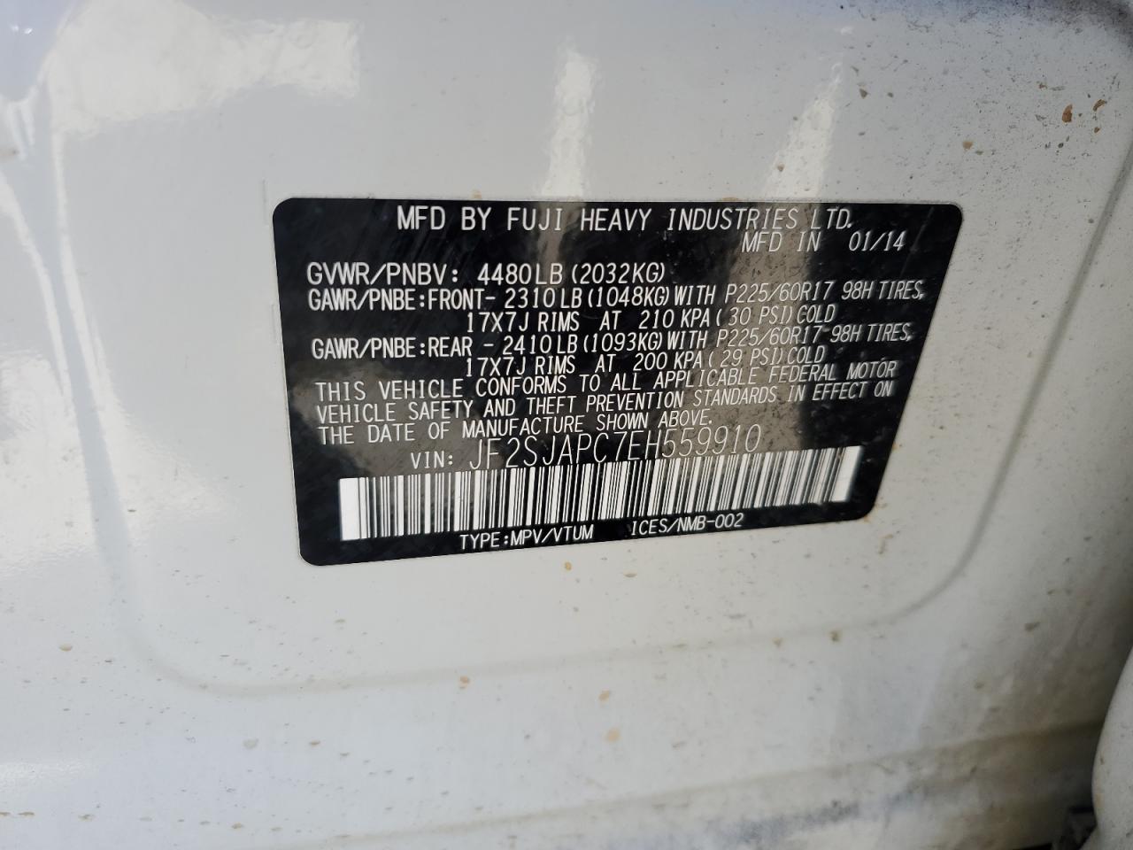 2014 Subaru Forester 2.5I Touring VIN: JF2SJAPC7EH559910 Lot: 63633124