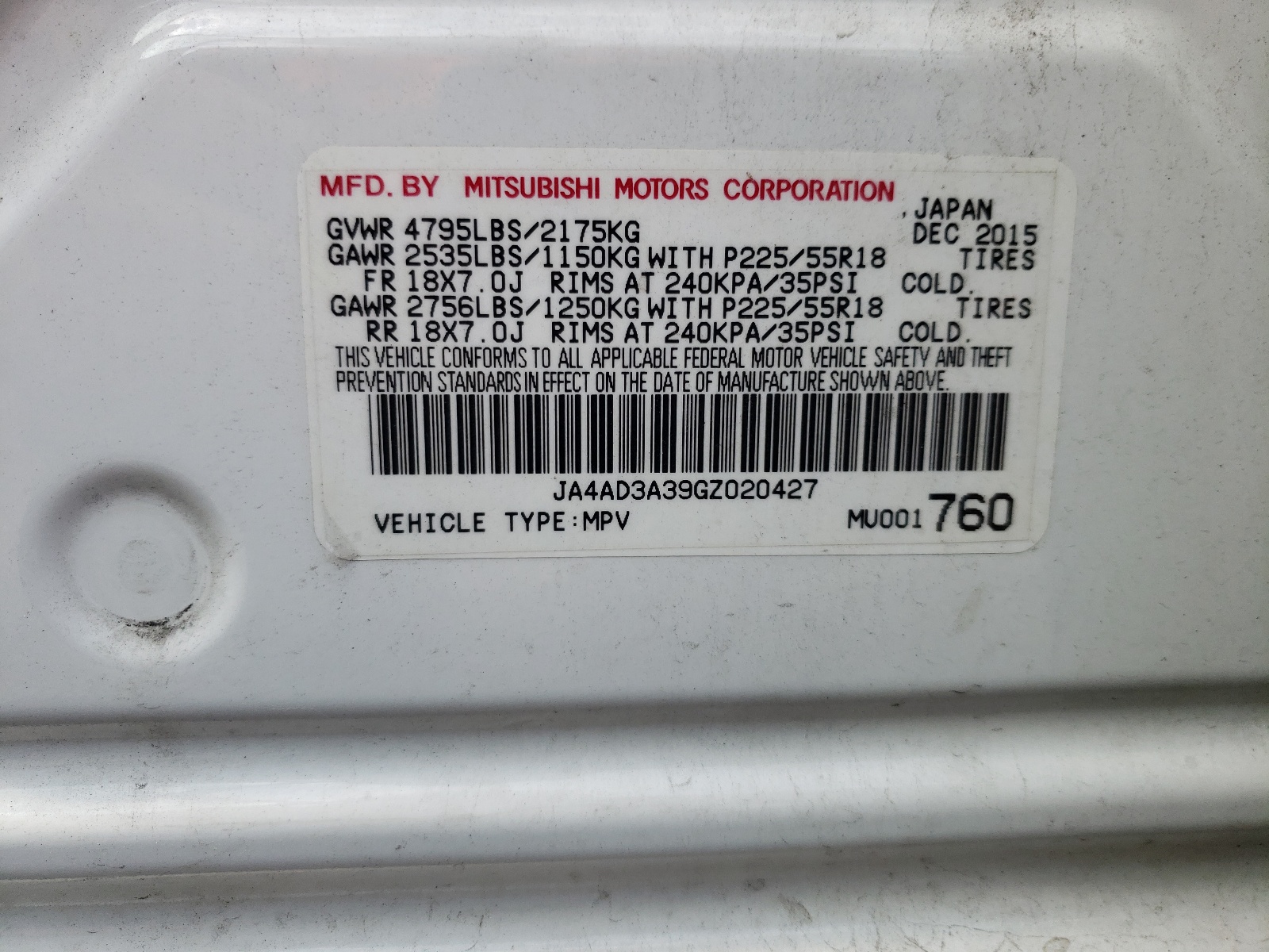 JA4AD3A39GZ020427 2016 Mitsubishi Outlander Se