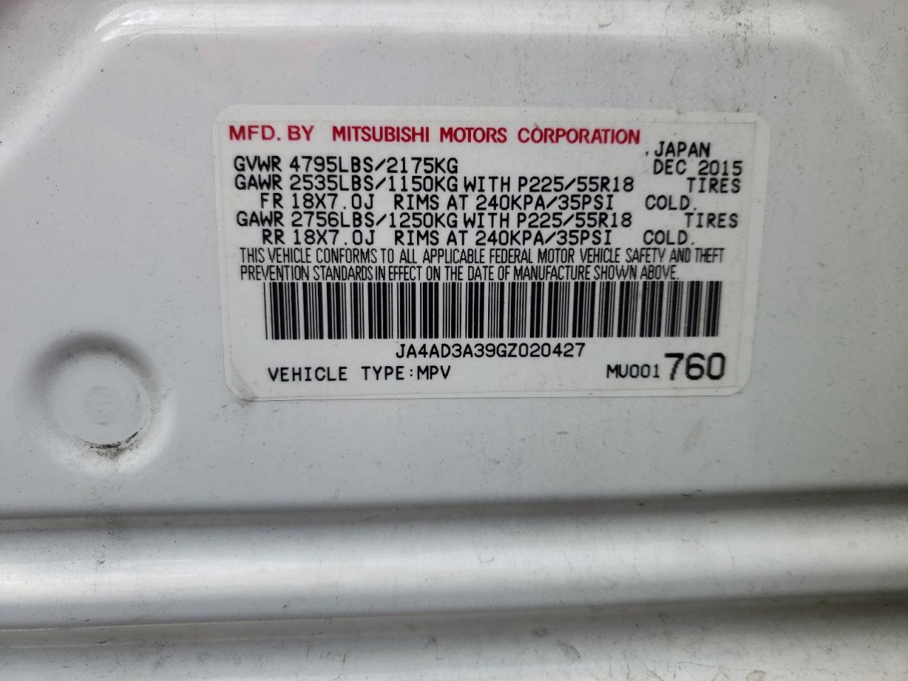 2016 Mitsubishi Outlander Se VIN: JA4AD3A39GZ020427 Lot: 63218114