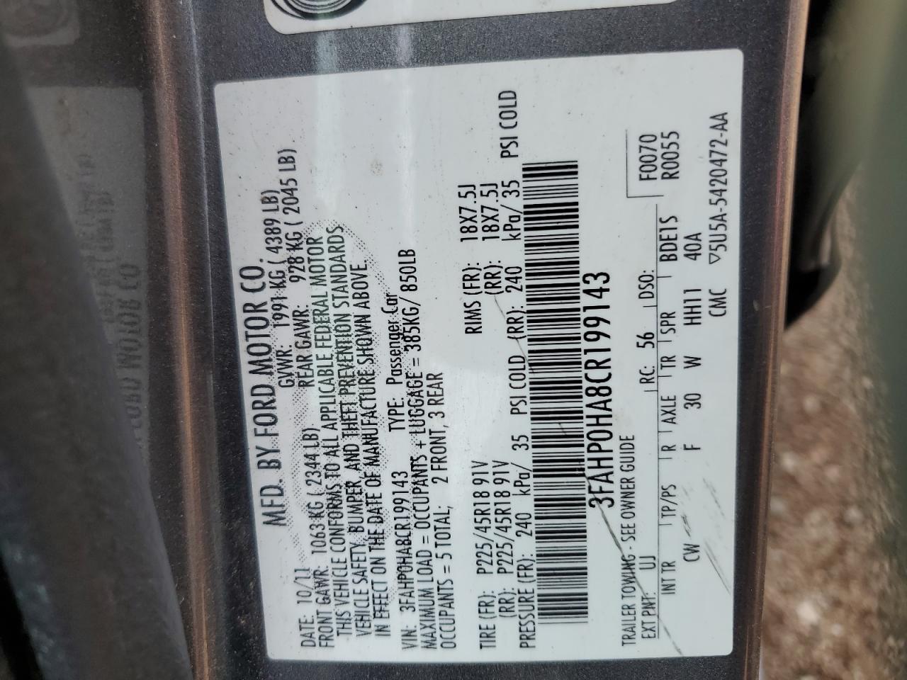 3FAHP0HA8CR199143 2012 Ford Fusion Se