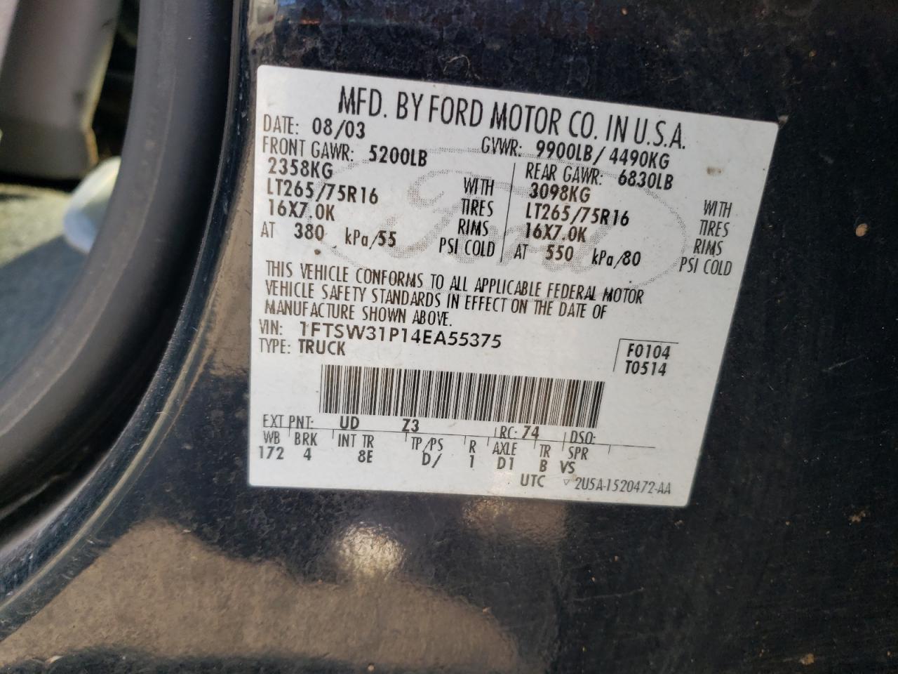 2004 Ford F350 Srw Super Duty VIN: 1FTSW31P14EA55375 Lot: 64271944