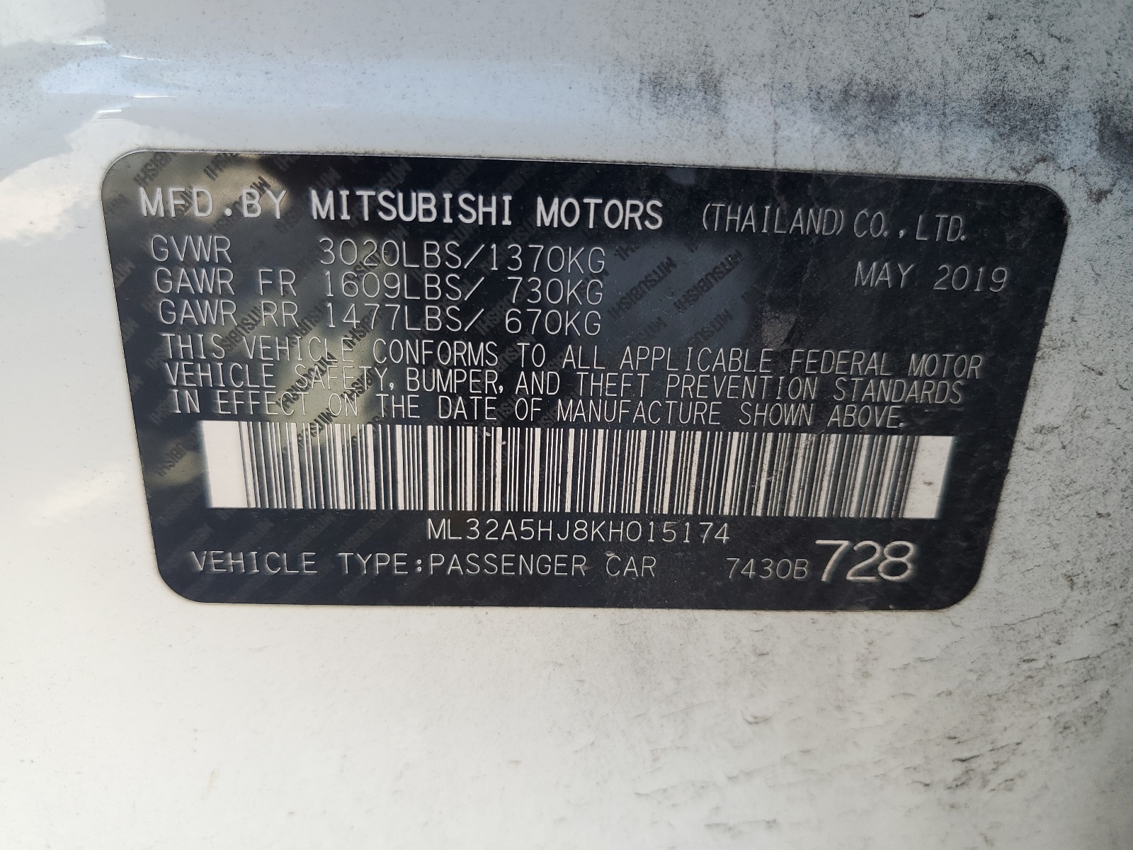 ML32A5HJ8KH015174 2019 Mitsubishi Mirage Le