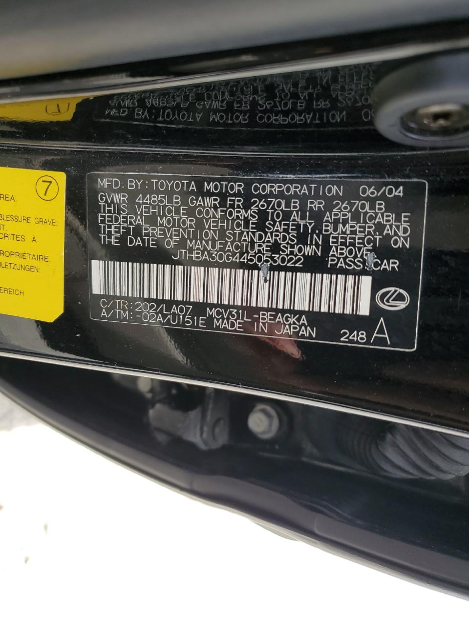 JTHBA30G445053022 2004 Lexus Es 330