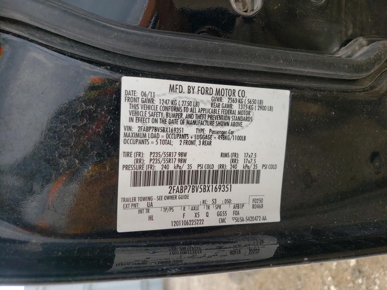 2011 Ford Crown Victoria Police Interceptor VIN: 2FABP7BV5BX169351 Lot: 64216014