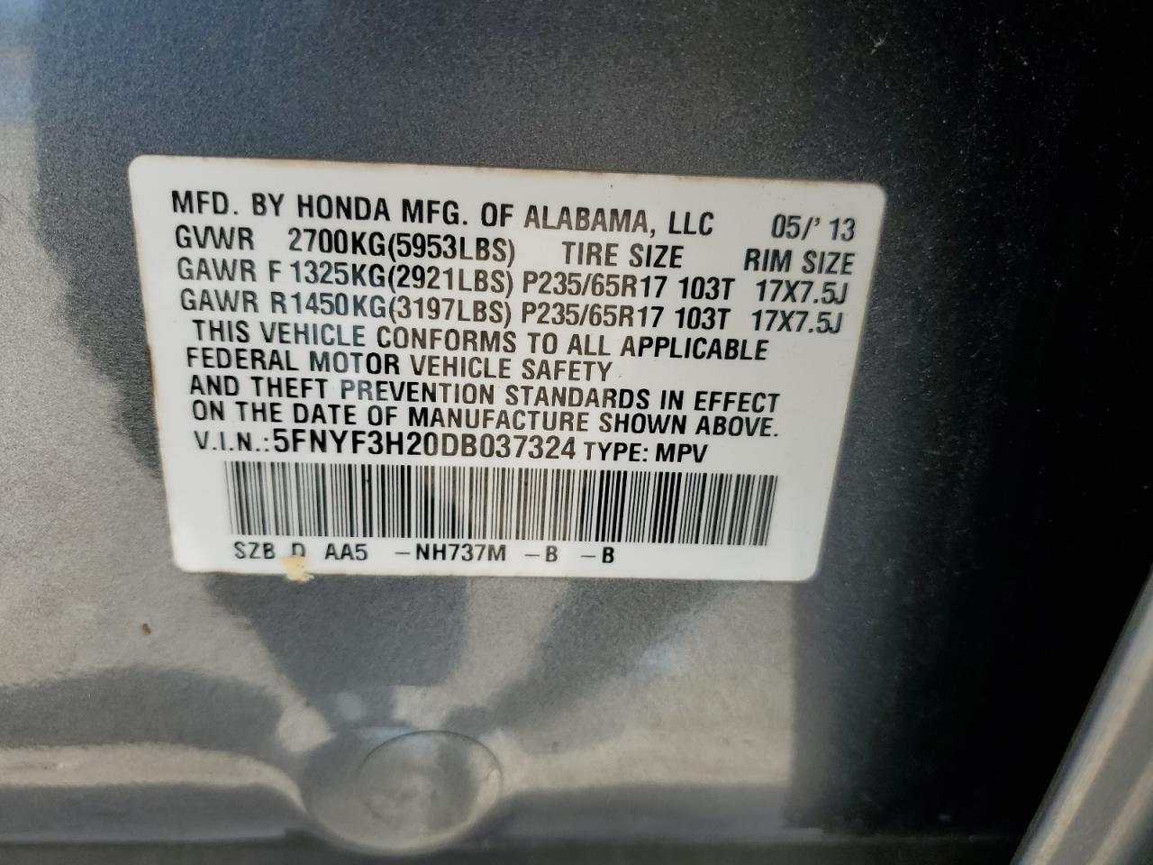 2013 Honda Pilot Lx VIN: 5FNYF3H20DB037324 Lot: 62841504