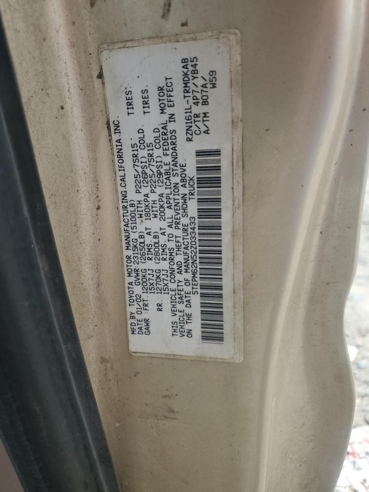 2002 Toyota Tacoma VIN: 5TEPM62N52Z033433 Lot: 63576204