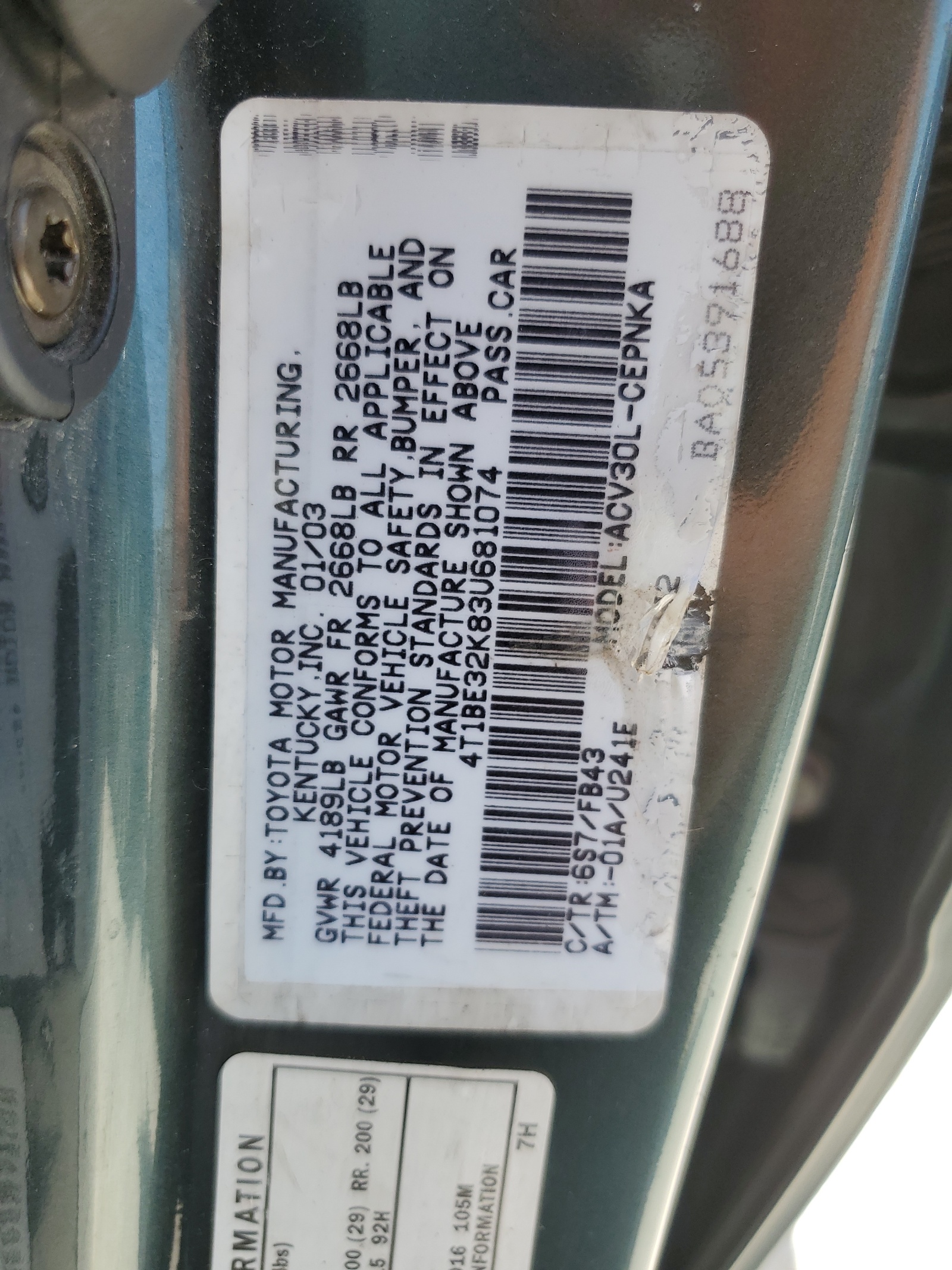 4T1BE32K83U681074 2003 Toyota Camry Le